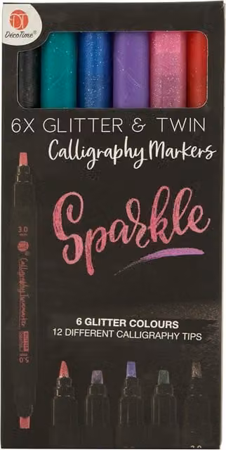 Deco Time Pack of 6 Multicolour Glitter and Metallic Twin Brush Calligraphy Markers