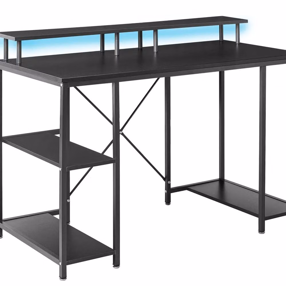 Wyld and Coco Gaming Desk with LED Lighting, Black Wood Top and Iron Frame featuring 3 Side Shelves – 2
