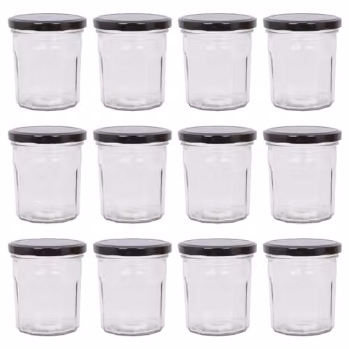 Argon Tableware Glass Jam Jars with Airtight Black Lids, 250ml, Pack of 12 – 1