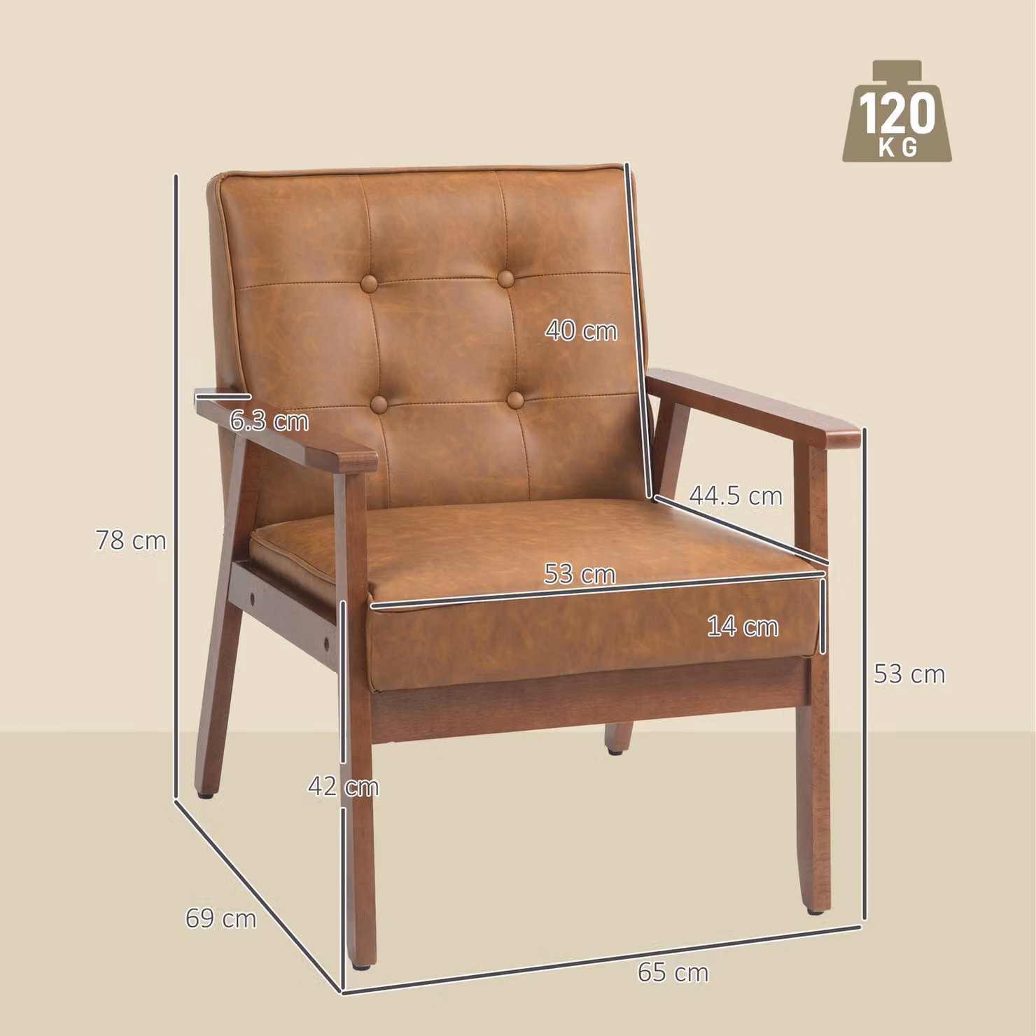 HOMCOM Retro-Style Accent Armchair with Faux Leather Seat and Solid Wood Frame, Brown – 3