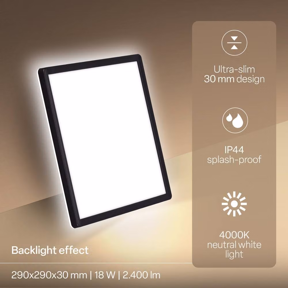 B.K.Licht Black LED Slim Panel Ceiling Light for Bathroom and Living Room, 18W, 2400lm, 4000K Neutral White, IP44, W/D/H: 29 x 29 x 3 cm – 3