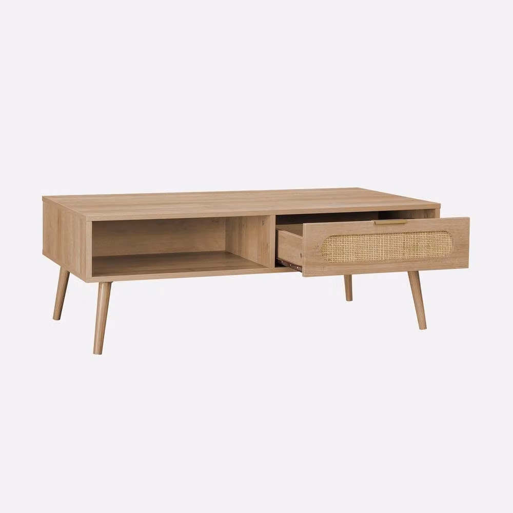 sweeek Modern Rectangular Wood and Rounded Cane Rattan Coffee Table in Brown, W/D/H: 110.0 x 39.0 cm – 2