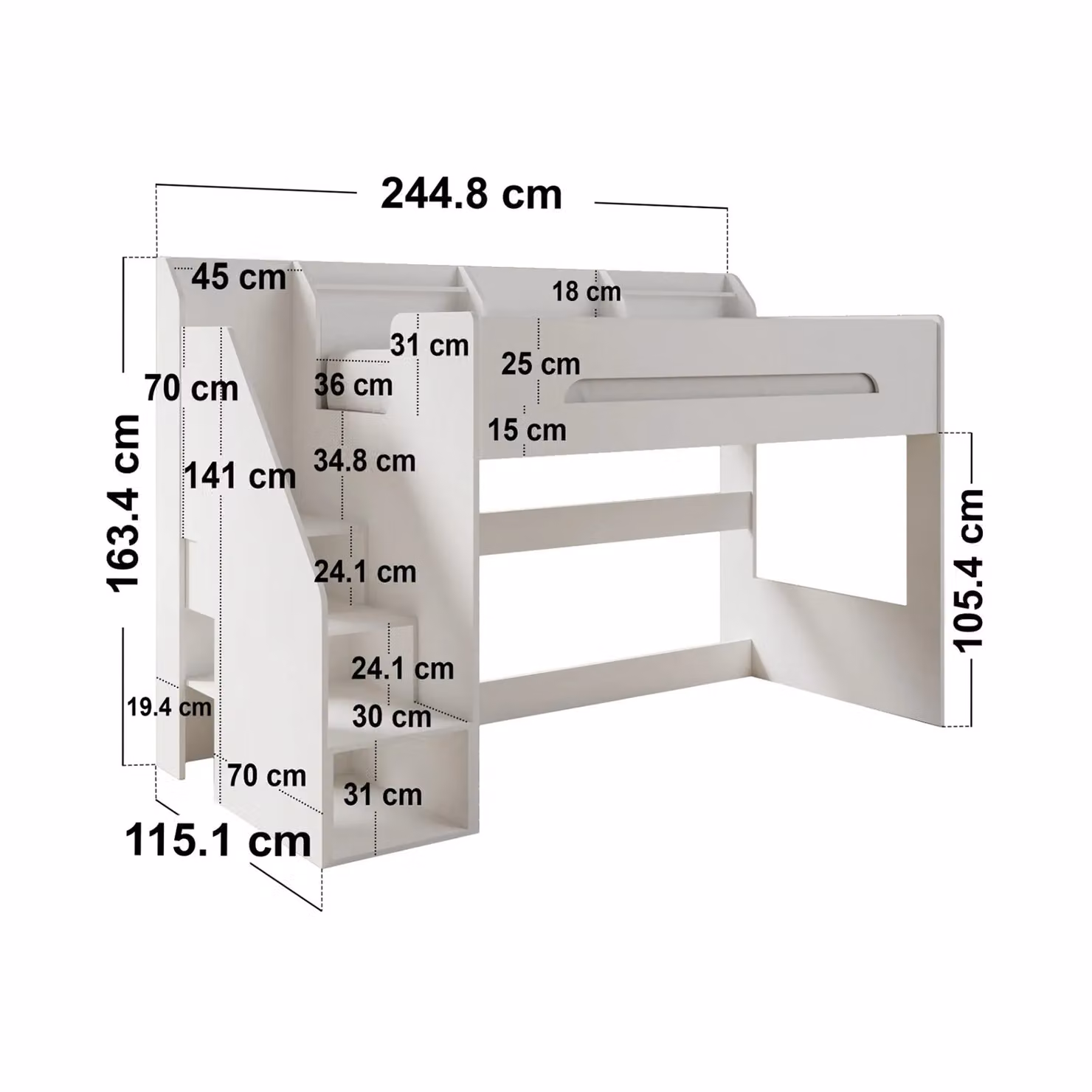Flair Furnishings Stepaside Staircase High Sleeper Workstation with Side Compartments in White, Single Size – 3