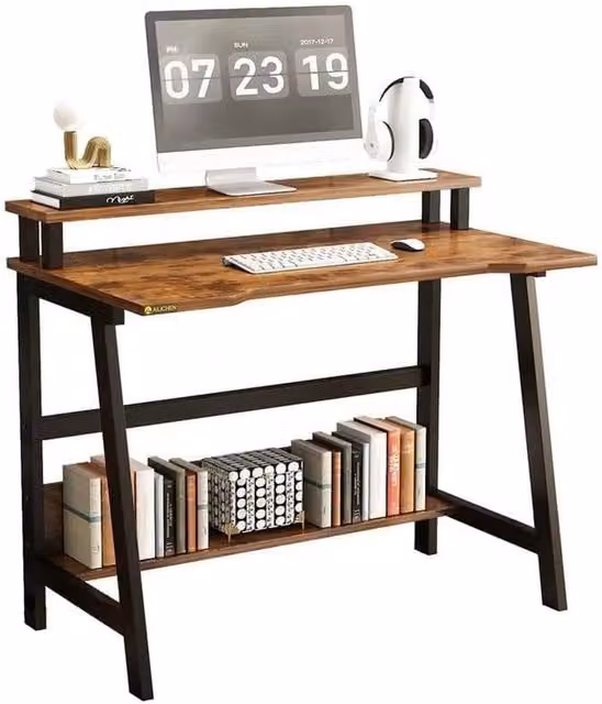 Nordara Brown Writing Desk with Monitor and Laptop Shelf – 1