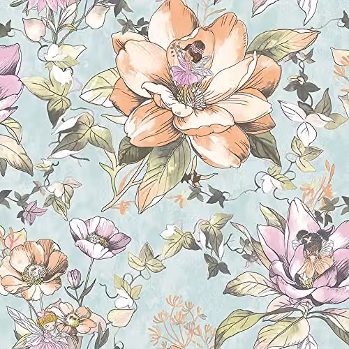 Holden Decor Floral Fairies Botanical Wallpaper in Petrol Green and Multicolour
