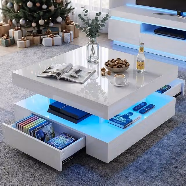 EONLION High Gloss LED Coffee Table with 2 Drawers, White, Width: 100 cm – 1