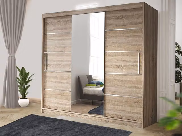 RAC3 Oslo Modern Sliding Bedroom Wardrobe with LED Lighting, Mirror and Internal Drawers in White and Light Oak, Width: 250 cm