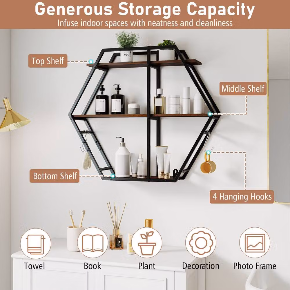 Gymax Industrial Geometric Hexagon Wall Shelves with Hooks and Metal Frame in Brown – 3