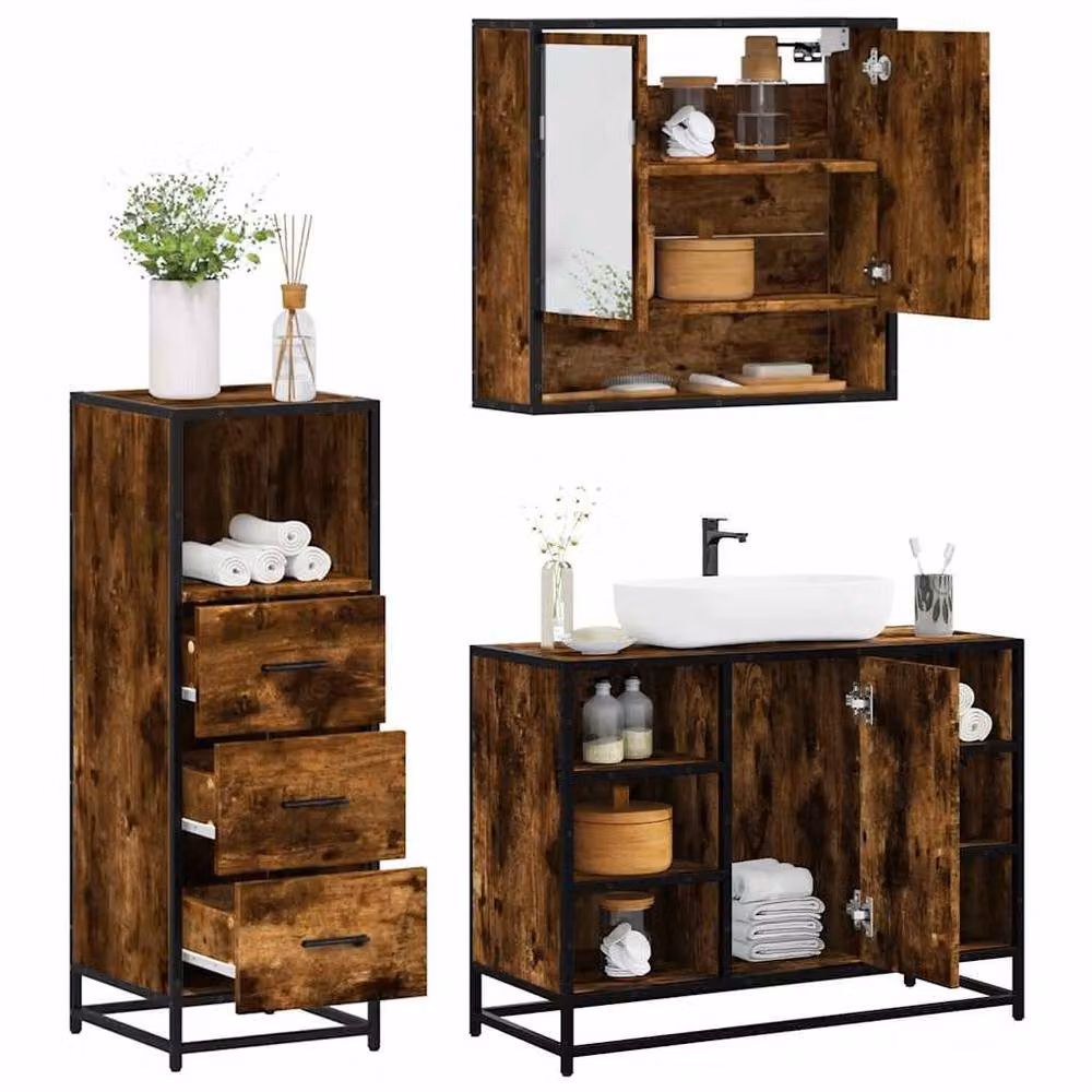 Berkfield Home 3 Piece Industrial Bathroom Furniture Set in Brown Smoked Oak – 2
