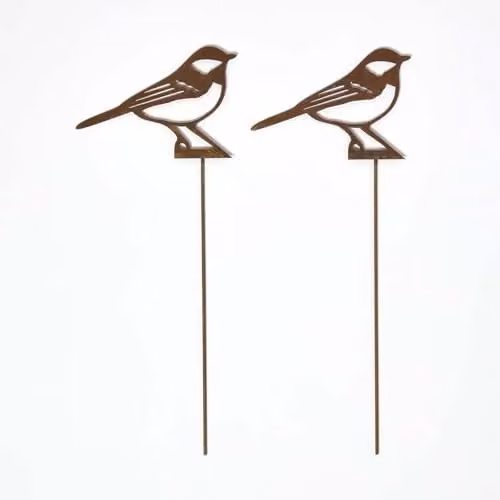 Homescapes Set of 2 Rustic Brown Metal Great Tit Garden Stakes, Height: 37 cm