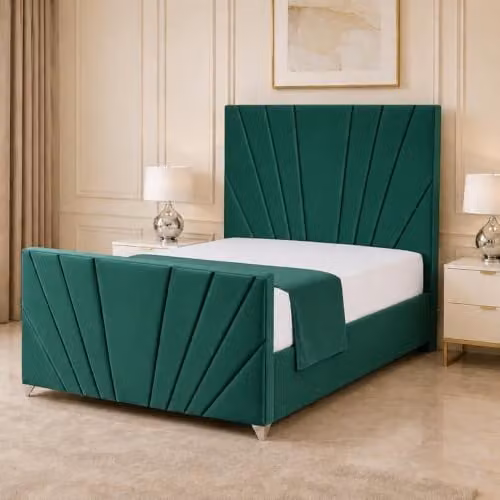Living Comfort Bedz Sunrise Lined Panel Bed in Emerald Green Plush Velvet with Solid Wooden Slats, Super King Size, W/D/H: 200 x 180 x 127 cm