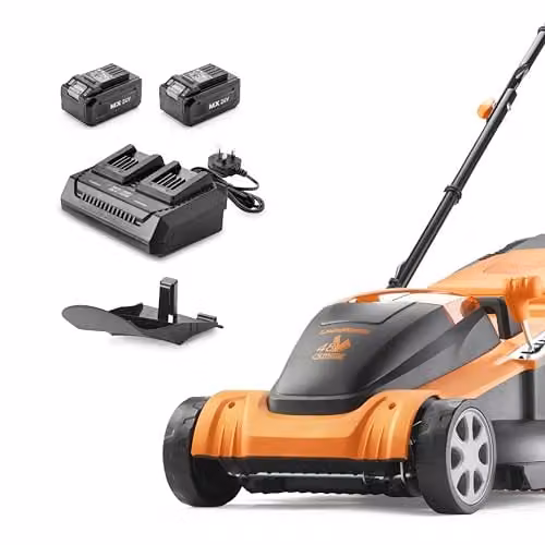 LawnMaster MX 24V Orange Cordless Lawnmower with 41cm Cutting Width, Spare Battery, Collection Bag and Mulching Kit – 7