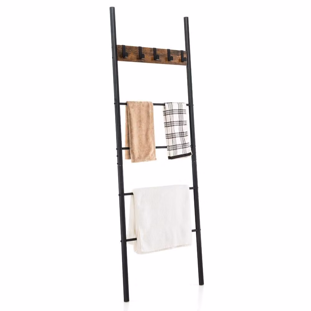 Costway 5-Tier Wooden Blanket Holder Ladder Shelf with 5 Hooks in Brown – 2
