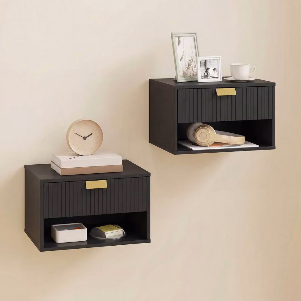STILVORA Wall Mounted Nightstand Set with Fluted Drawer in Black – 2