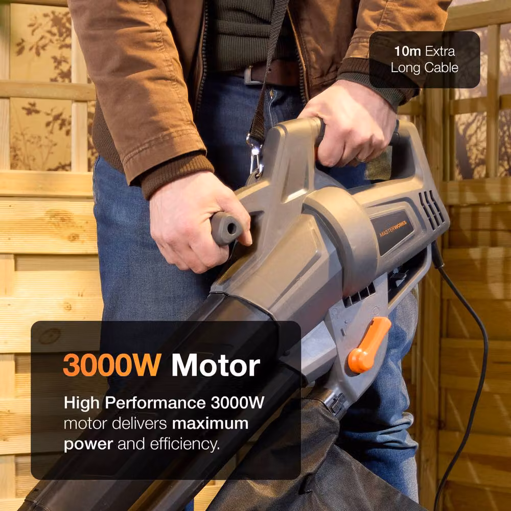 MasterWorx Electric Leaf Blower, Garden Vacuum and Shredder Mulcher with 35L Bag, 3000W, Black – 5