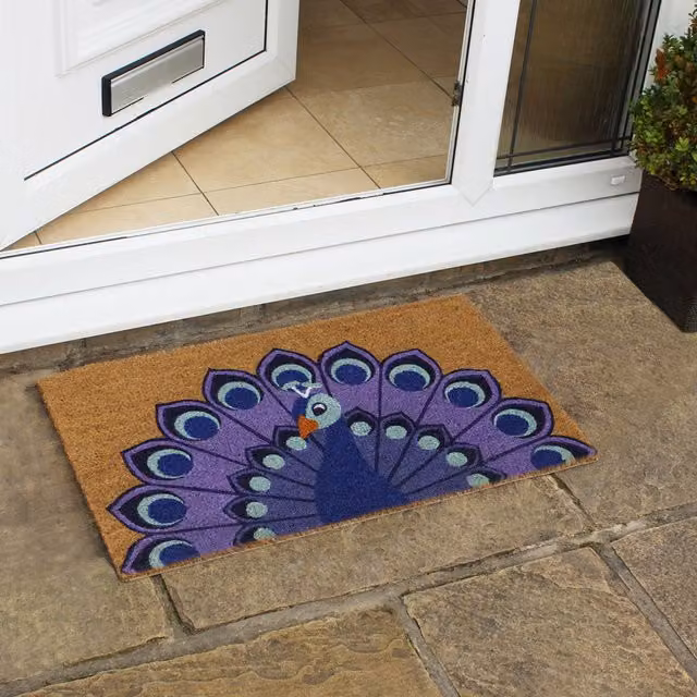 JVL Multicolour Peacock Graphic Coir Door Mat, Brown