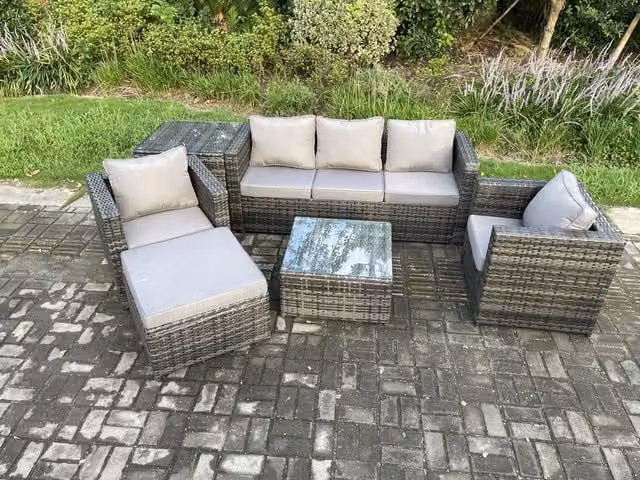 Fimous 6 Seater Outdoor Lounge Sofa Set in Dark Grey PE Rattan with Armchair, Coffee Table and Ottoman