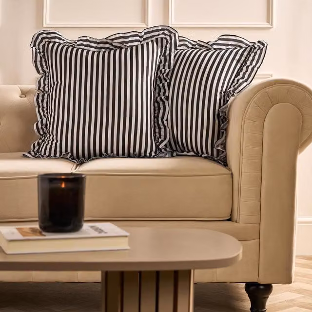 OHS Striped Frill Cushion Covers in Monochrome Black and White