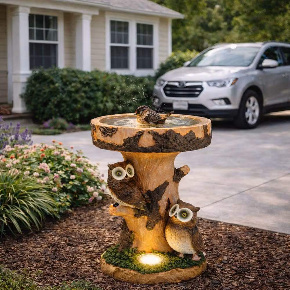 Gardenwize Solar Owl Garden Bird Bath with LED Light in Brown – 3