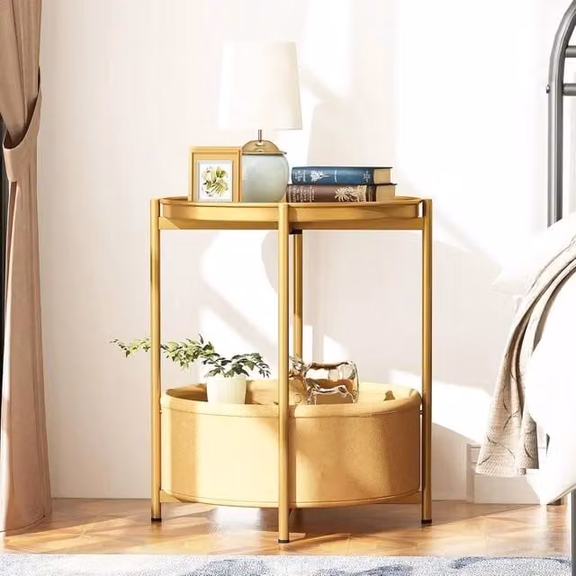FORGEVIO Gold Round 2-Tier Coffee Table with Fabric Basket and Metal Frame – 1