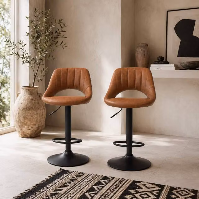 Wyld Haus Palosa Set of 2 Brown Faux Leather Swivel Bar Stools with Backrest