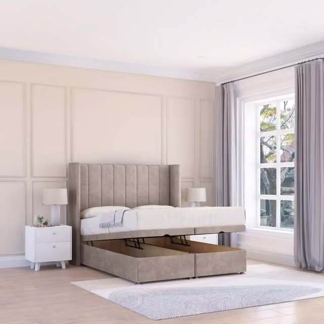 Sloomy Falcon Double Ottoman Bed with Winged Floorstanding Headboard and Hybrid Memory Mattress in Sand Beige Fabric, W/D/H: 140 x 200 cm