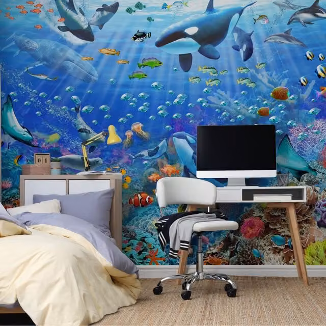 Walltastic Underwater Scene Wall Mural in Blue and Multicolour, W: 304.8 cm, H: 243.84 cm