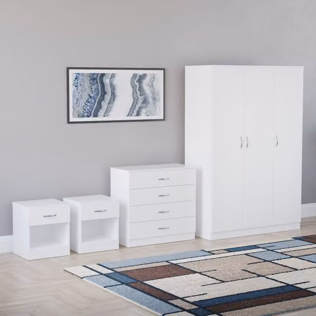Home Discount Riano 4 Piece White Bedroom Furniture Set with 3 Door Wardrobe and 4 Drawer Chest