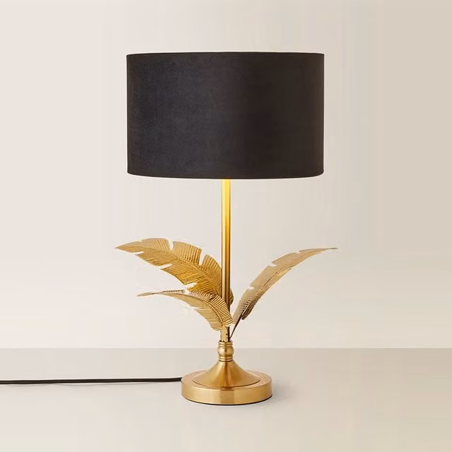 Christina Palm Leaf Table Lamp with Velvet and Metallic Shade in Black and Gold/Brass