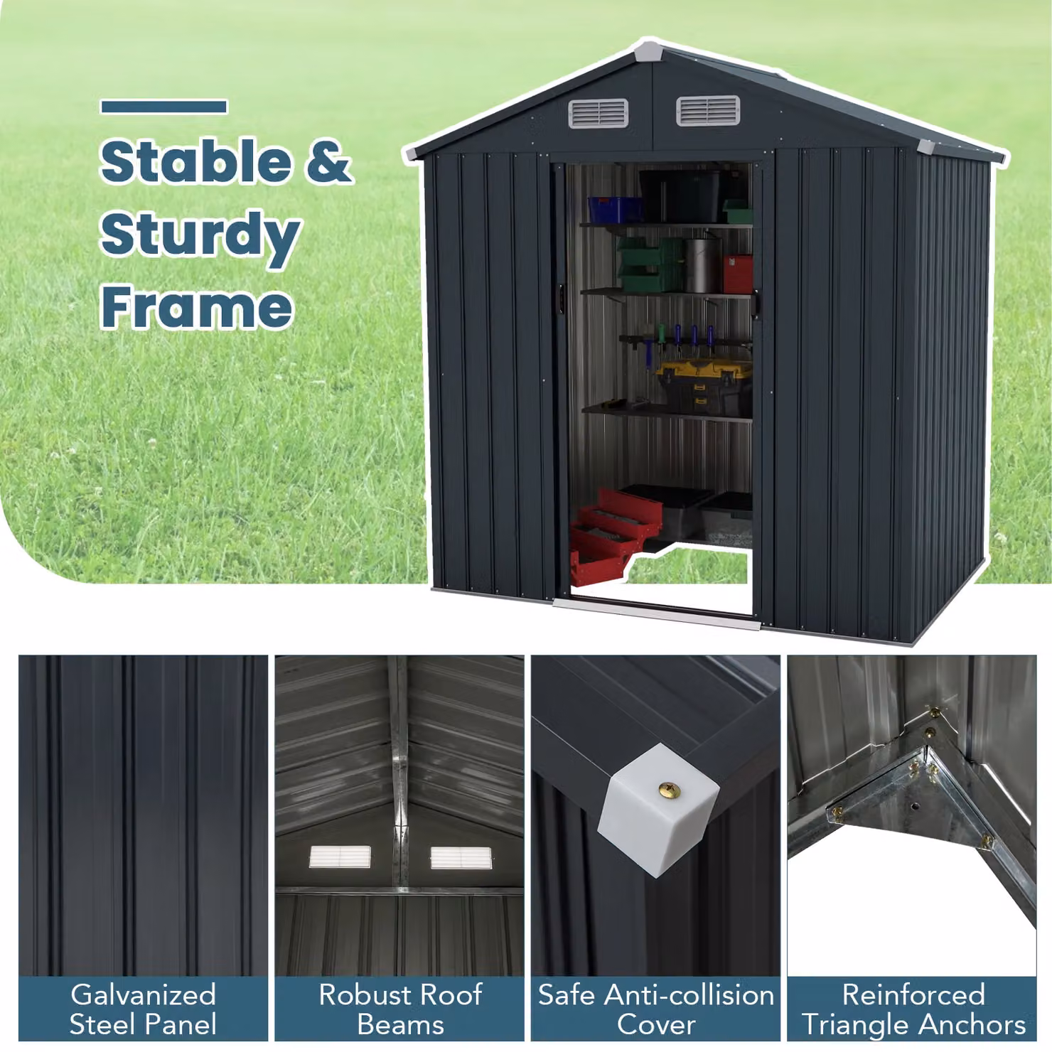 Gymax Pent Garden Shed in Grey, Galvanised Steel with Sliding Doors and Side Vent, W/D/H: 129 x 193 x 197 cm – 5