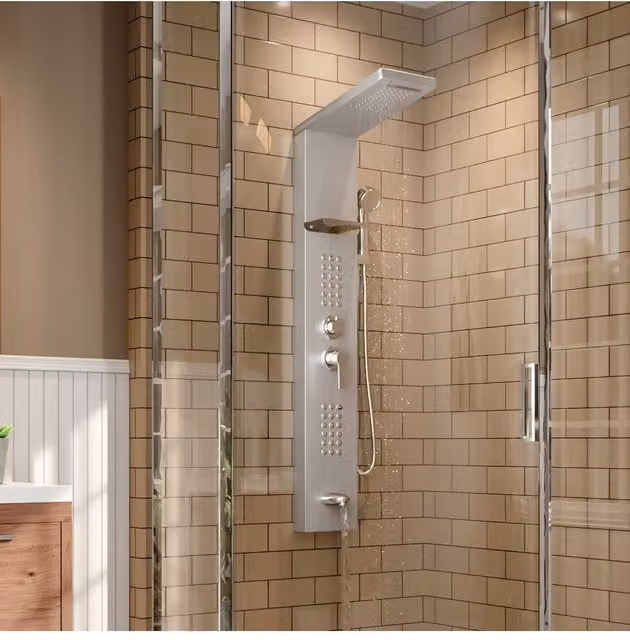 Living and Home Stainless Steel Wall Mounted Bathroom Shower Panel Tower System with Hand Shower and Massage Functions in Silver – 1