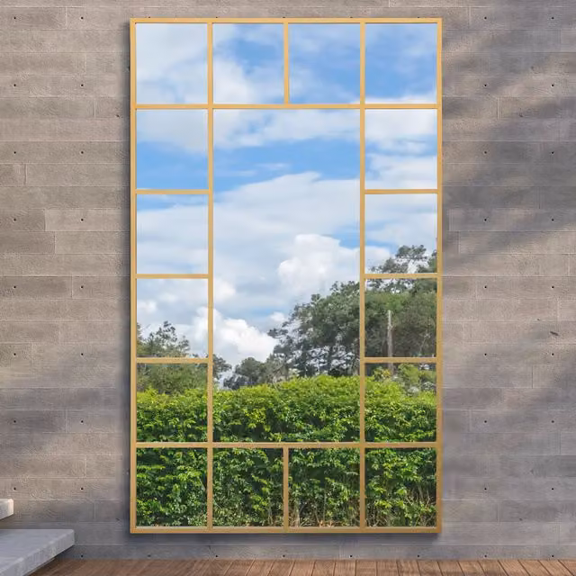 MirrorOutlet Modern Rectangular Outdoor Wall Garden Mirror in Gold
