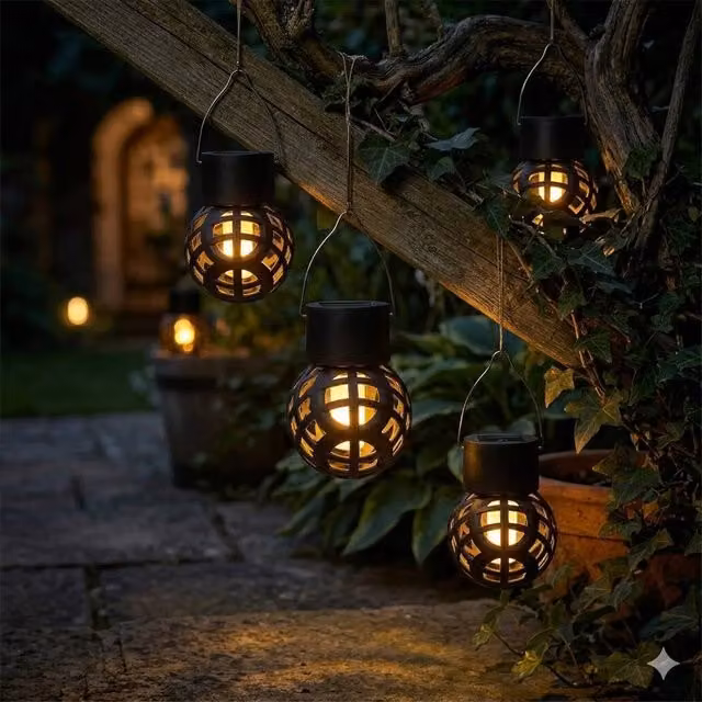 Voltico 4 Pack Solar Lattice Flame Hanging Outdoor Lantern Lights in Black