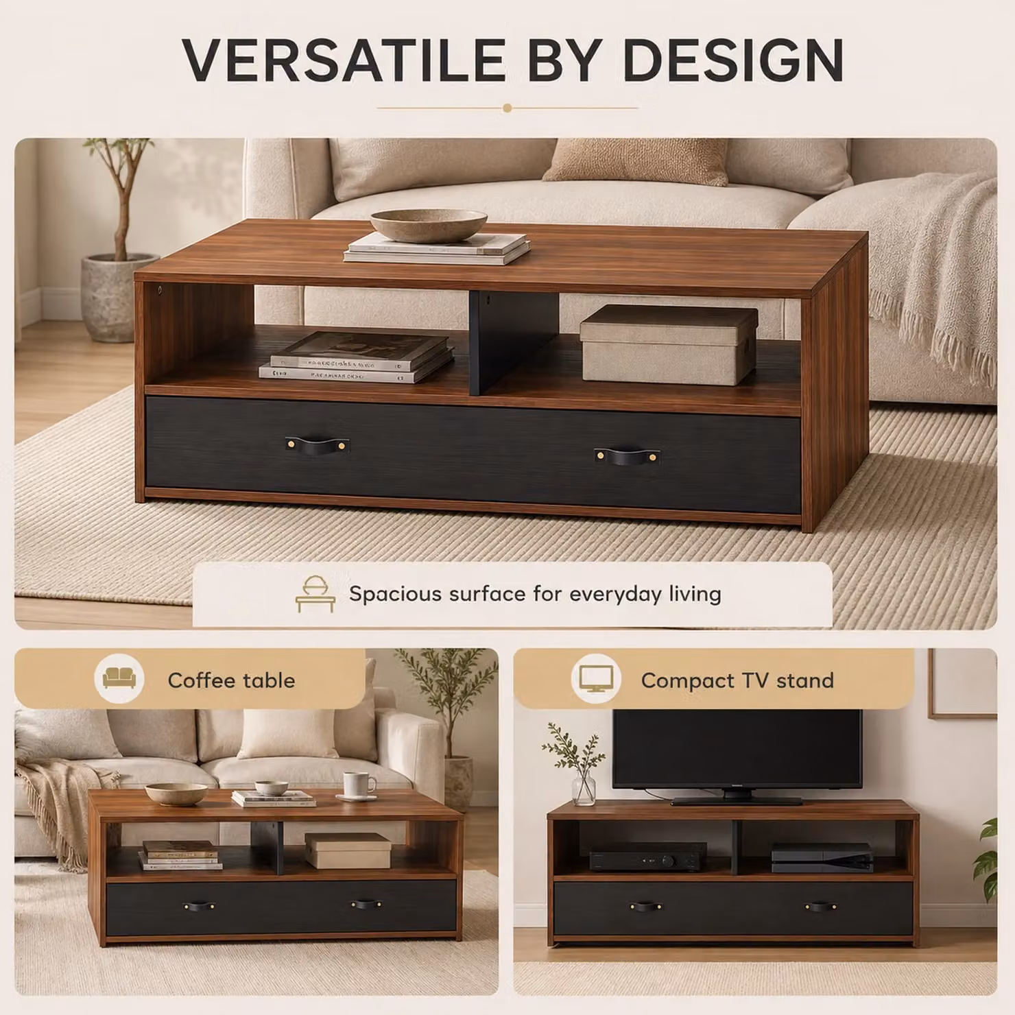 Teamson Home Mid Century Rectangular Coffee Table with Drawers and Open Storage Shelves in Brown Walnut – 3