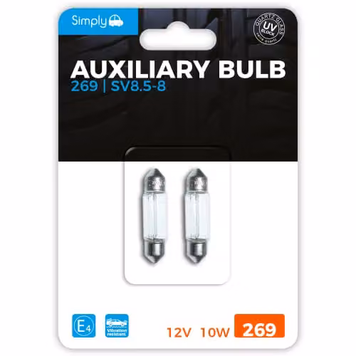 Simply Auto S269BL Twin Pack of 12V 10W Transparent Festoon Auxiliary Incandescent Bulbs for Interior and Courtesy Car Lights, 11x34mm – 2
