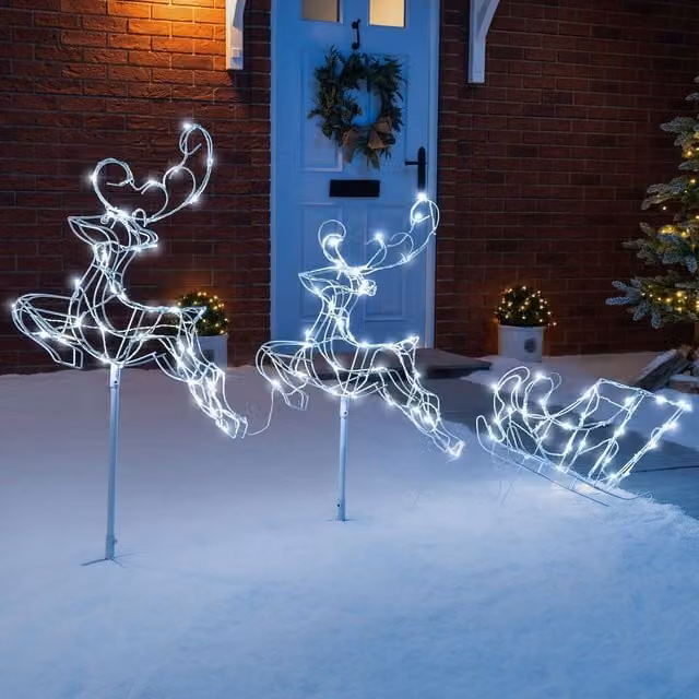 Christow Reindeer Sleigh 3D LED Outdoor Christmas Decoration Silhouette in White – 1