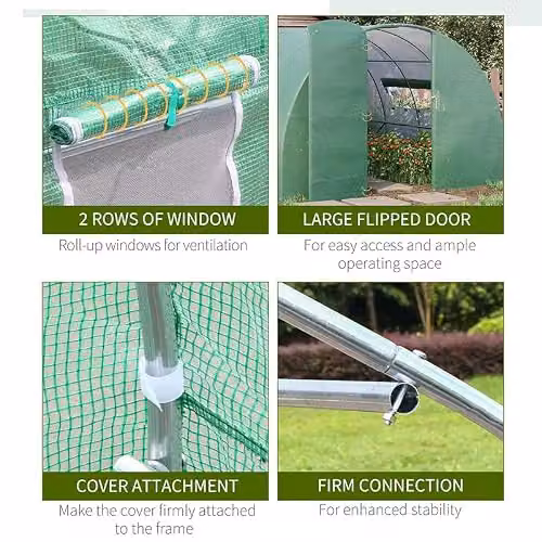 Outsunny Green Walk-in Polytunnel Greenhouse with Hinged Mesh Windows and Galvanised Steel Frame, W: 300 cm, D: 300 cm, H: 200 cm – 4