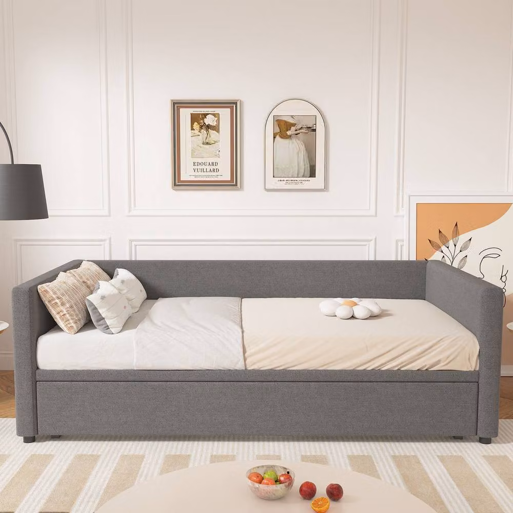 Rolipo Grey Linen Single Daybed Sofa Bed with Pull Out Trundle, W/D/H: 90 x 190 cm – 6