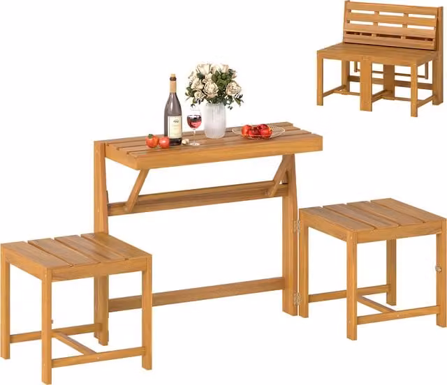 COSTWAY 3-in-1 Outdoor Loveseat Bench in Brown Treated Acacia Wood