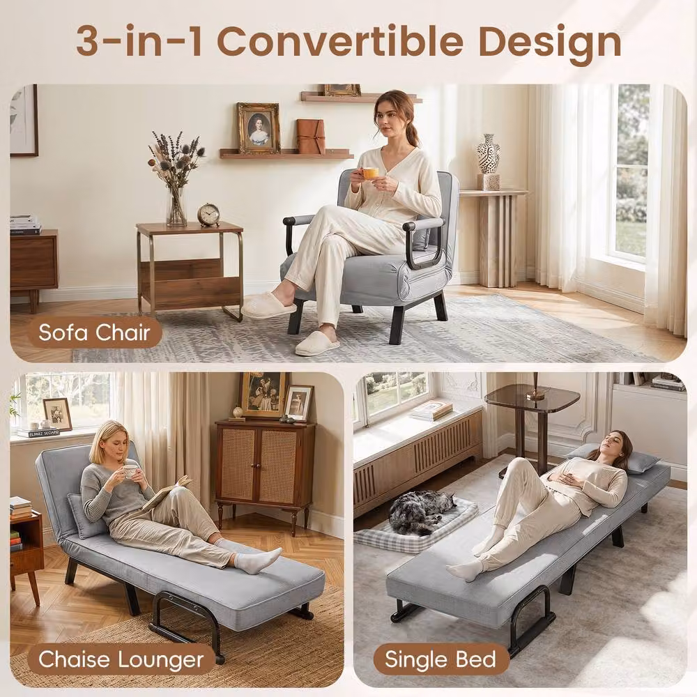 Costway Convertible Sleeper Chair Folding Sofa Bed in Grey with Adjustable Backrest and Armrests – 4