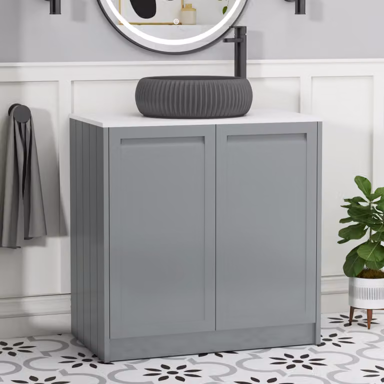 Royal Bathrooms Elmore 800mm Floor Standing 2 Door Vanity Unit in Matt Pebble Grey with Plain White Worktop and Milan Black Basin