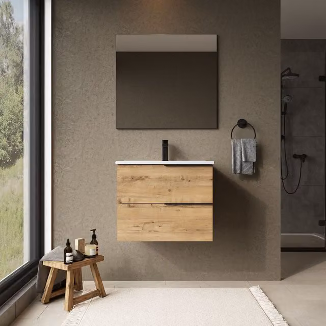 Banyetti Celtic 600mm Wall Hung Bathroom Vanity Unit with Athena Basin in Ostippo Light Oak, W/D/H: 60 x 48 x 45 cm