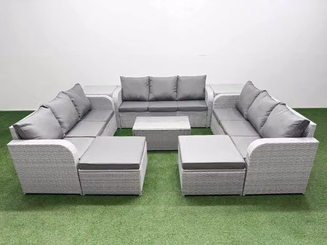 Fimous 11 Seater PE Rattan Outdoor Garden Furniture Set in Grey with 3 Seater Sofa, Coffee Table, 2 Footstools and 2 Side Tables