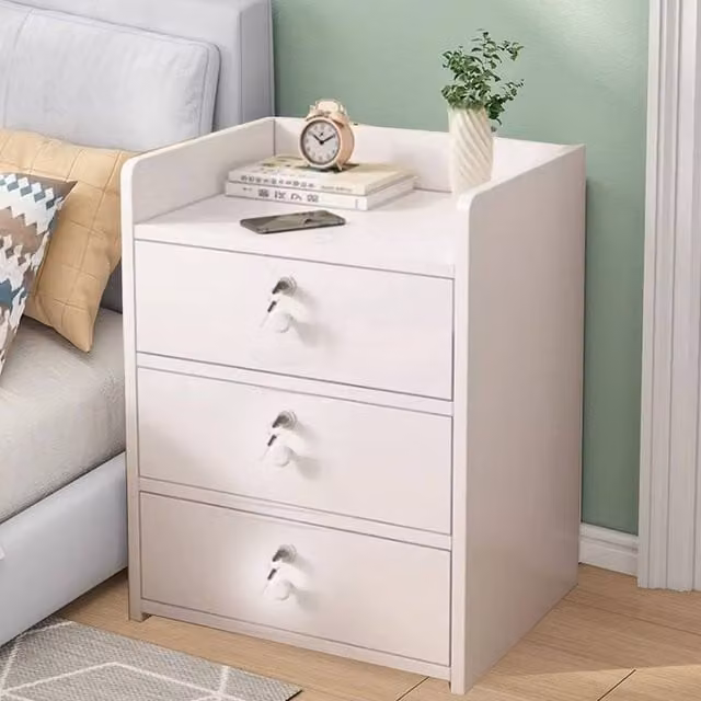 Kelvenix 3 Drawer White Wooden Bedside Cabinet with Silver Details W/D/H: 32 x 26 x 48 cm – 1
