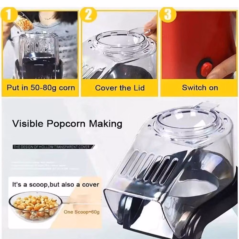 PAWNORA 1200W Hot Air Popcorn Maker in Red with Transparent Glass Lid – 3