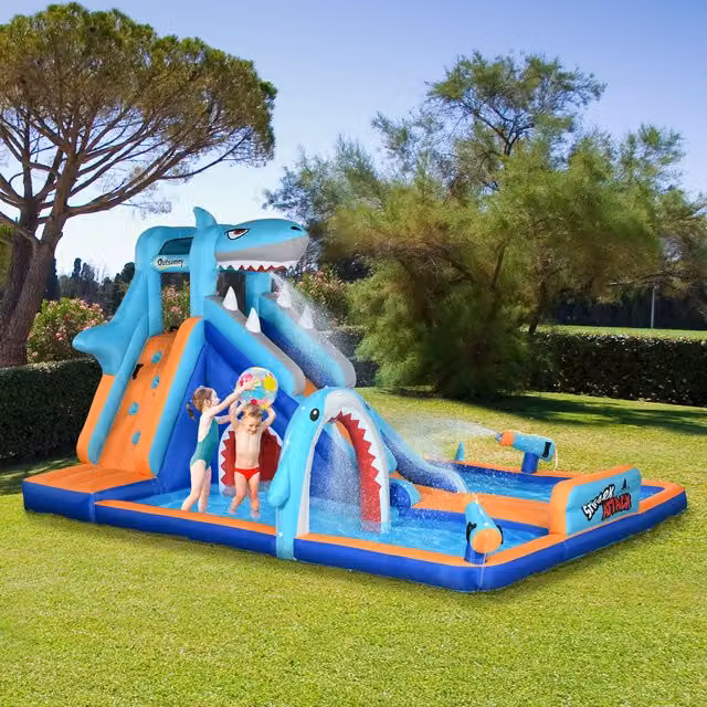 Outsunny Shark Kids Castle Water Park with Slide and Cannon Blower in Blue