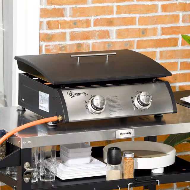 Outsunny Portable Tabletop Gas BBQ Plancha Grill with 2 Burners, Silver