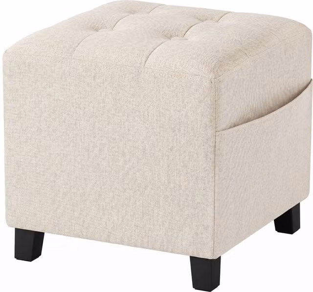 HOMCOM Small Square Ottoman Footstool with Side Pocket and Rubberwood Legs in Beige – 1