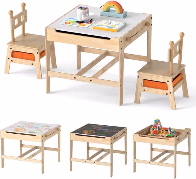 COSTWAY Kids Activity Desk and Chairs Set in Orange with Tilting and Reversible Board