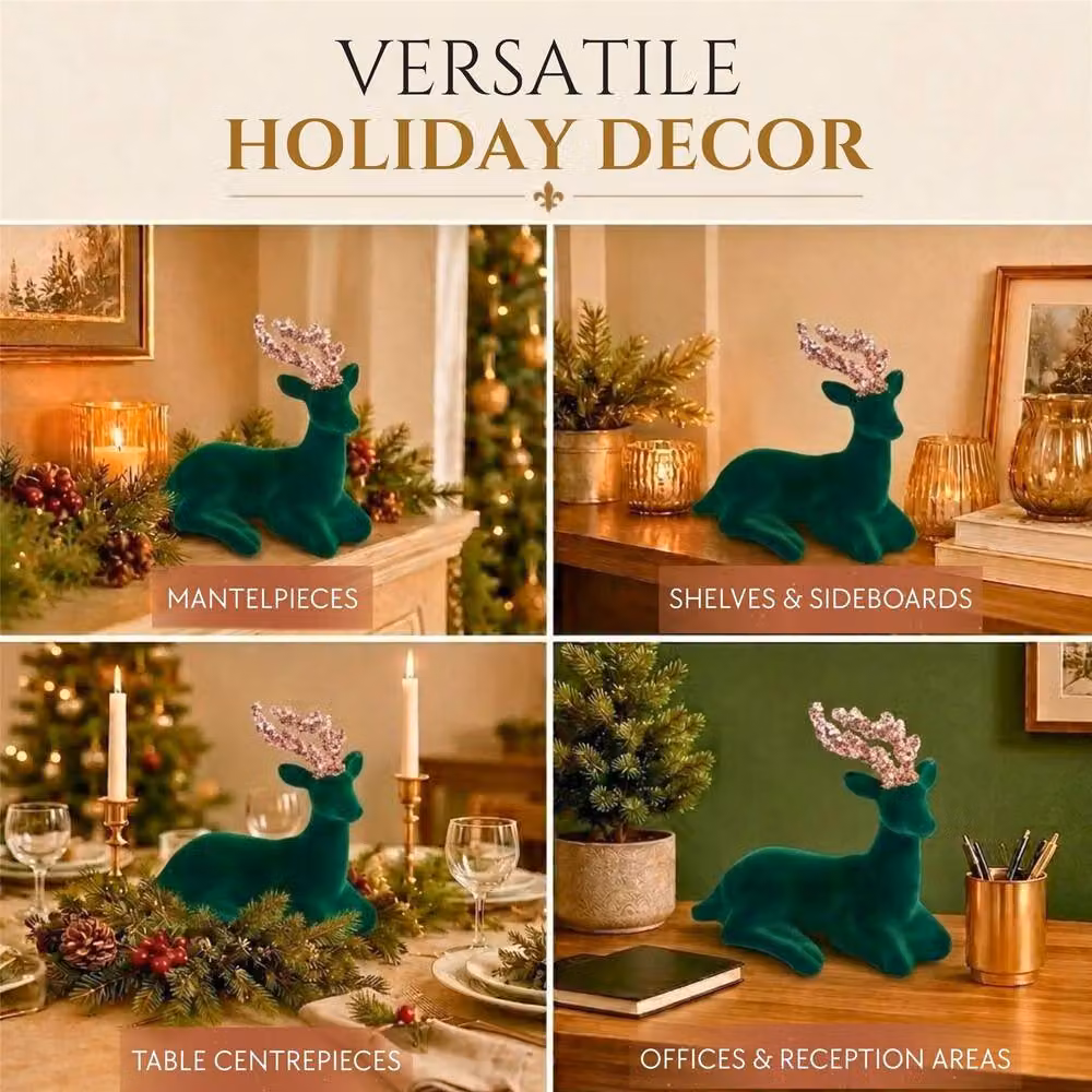 Shatchi Emerald Green Velvet Sitting Deer Christmas Reindeer Ornament, Height: 19 cm – 4